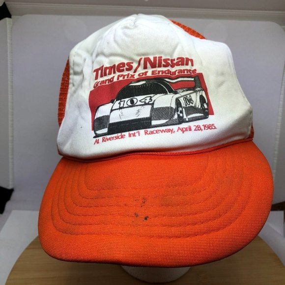 Vtg 1985 Times Nissan Grand Prix of Endurance Snapback Trucker Hat Orange White - Picture 8 of 10
